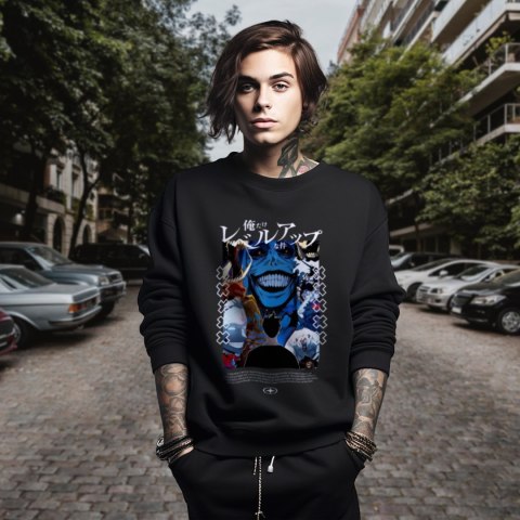 Bluza czarna męska z nadrukiem Solo Leveling Ore dake Level Up na Ken