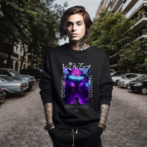 Bluza czarna męska z nadrukiem Solo Leveling Ore dake Level Up na Ken