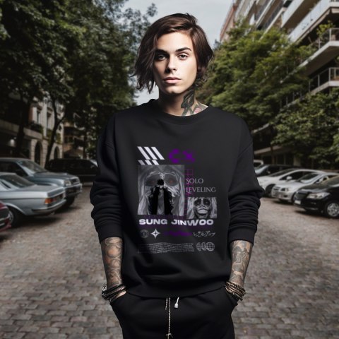 Bluza czarna męska z nadrukiem Solo Leveling Ore dake Level Up na Ken