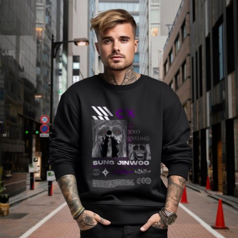 Bluza czarna męska z nadrukiem Solo Leveling Ore dake Level Up na Ken