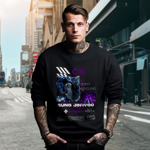 Bluza czarna męska z nadrukiem Solo Leveling Ore dake Level Up na Ken