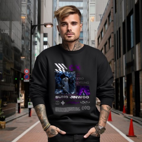 Bluza czarna męska z nadrukiem Solo Leveling Ore dake Level Up na Ken