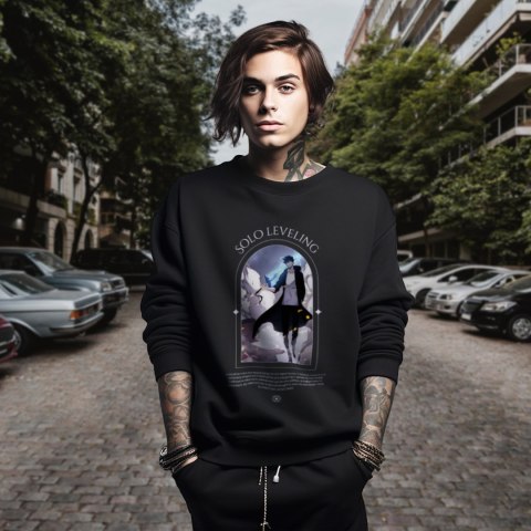 Bluza czarna męska z nadrukiem Solo Leveling Ore dake Level Up na Ken