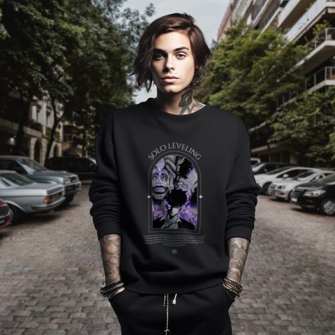 Bluza czarna męska z nadrukiem Solo Leveling Ore dake Level Up na Ken