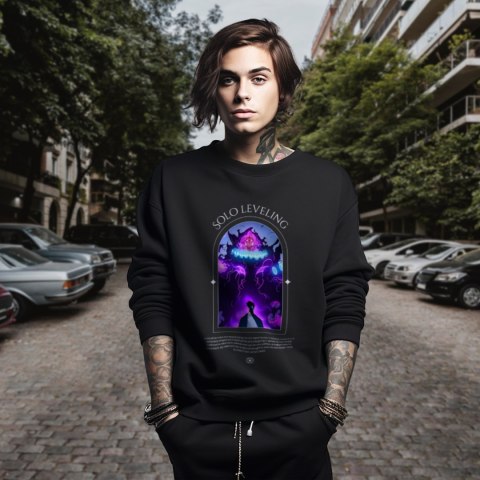 Bluza czarna męska z nadrukiem Solo Leveling Ore dake Level Up na Ken