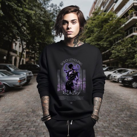 Bluza czarna męska z nadrukiem Solo Leveling Ore dake Level Up na Ken