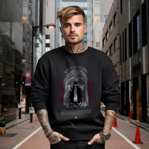 Bluza czarna męska z nadrukiem Solo Leveling Ore dake Level Up na Ken