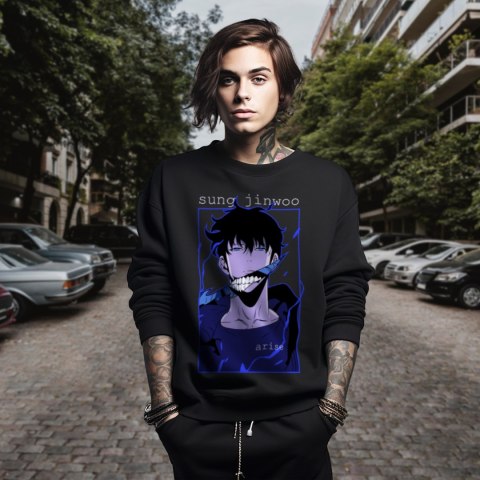 Bluza czarna męska z nadrukiem Solo Leveling Ore dake Level Up na Ken
