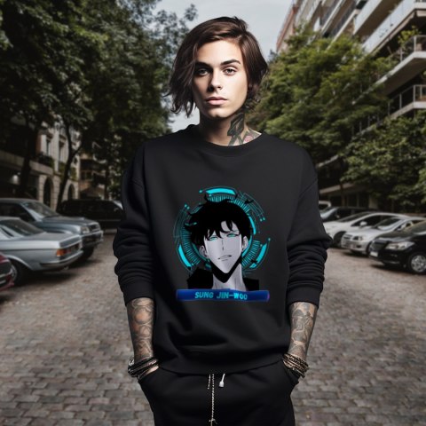 Bluza czarna męska z nadrukiem Solo Leveling Ore dake Level Up na Ken