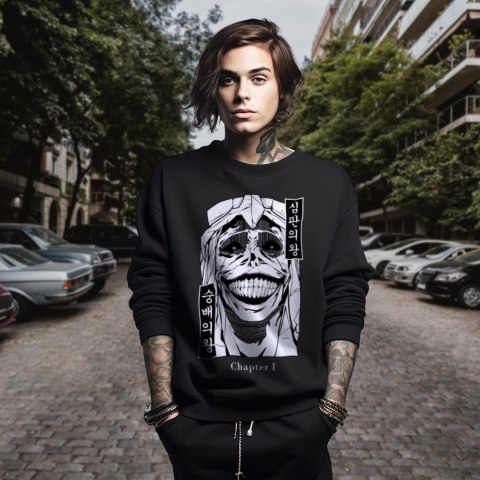 Bluza czarna męska z nadrukiem Solo Leveling Ore dake Level Up na Ken