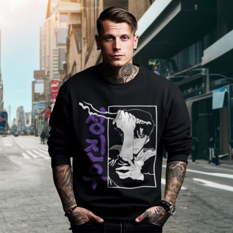 Bluza czarna męska z nadrukiem Solo Leveling Ore dake Level Up na Ken