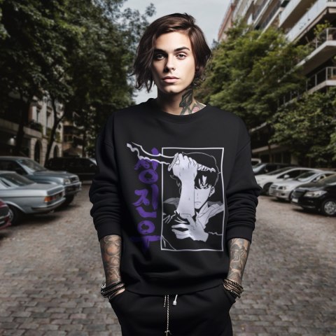 Bluza czarna męska z nadrukiem Solo Leveling Ore dake Level Up na Ken