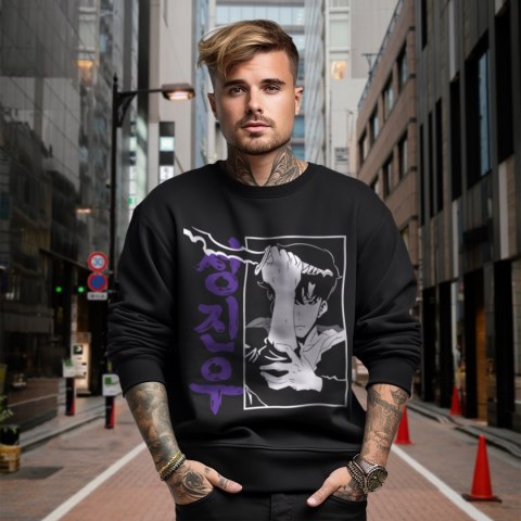 Bluza czarna męska z nadrukiem Solo Leveling Ore dake Level Up na Ken