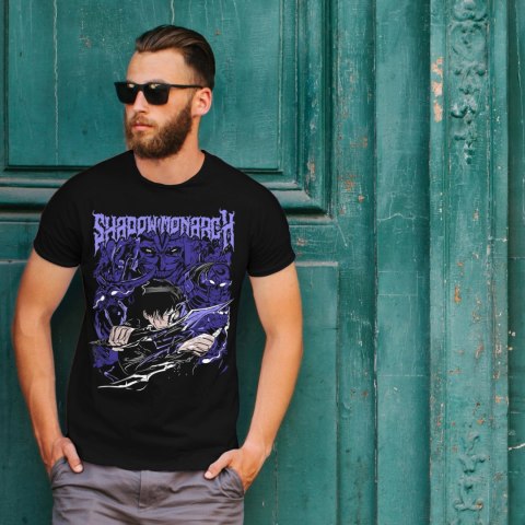 Koszulka czarna męska z nadrukiem Solo Leveling Ore dake Level Up na Ken