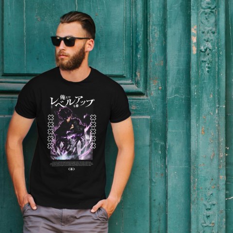 Koszulka czarna męska z nadrukiem Solo Leveling Ore dake Level Up na Ken
