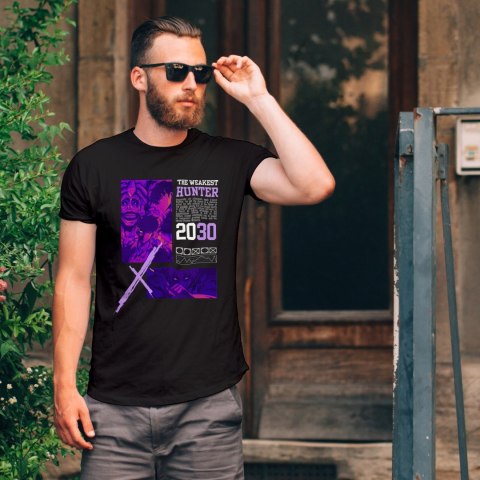 Koszulka czarna męska z nadrukiem Solo Leveling Ore dake Level Up na Ken