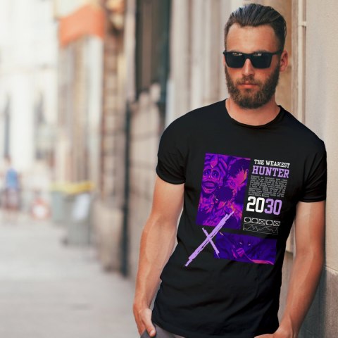 Koszulka czarna męska z nadrukiem Solo Leveling Ore dake Level Up na Ken