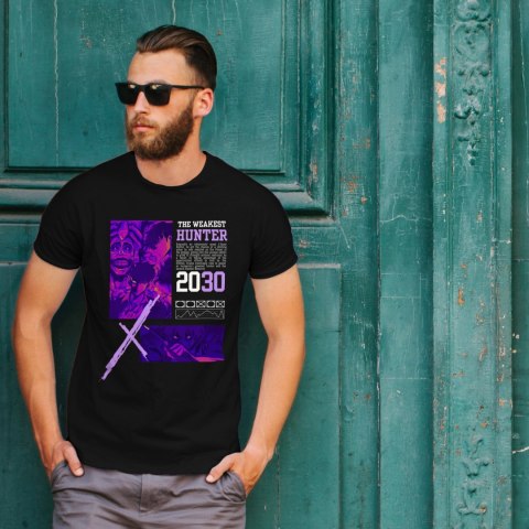 Koszulka czarna męska z nadrukiem Solo Leveling Ore dake Level Up na Ken