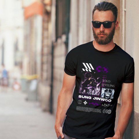 Koszulka czarna męska z nadrukiem Solo Leveling Ore dake Level Up na Ken