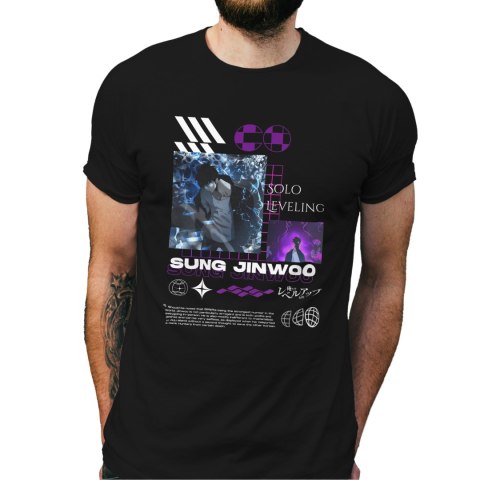 Koszulka czarna męska z nadrukiem Solo Leveling Ore dake Level Up na Ken
