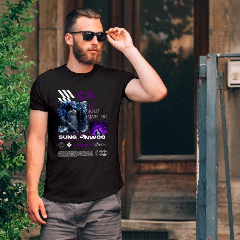 Koszulka czarna męska z nadrukiem Solo Leveling Ore dake Level Up na Ken