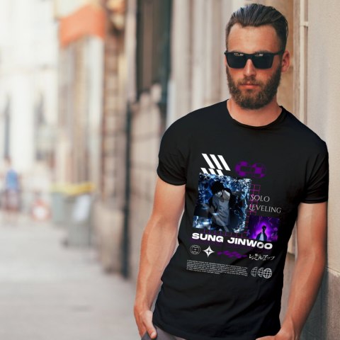 Koszulka czarna męska z nadrukiem Solo Leveling Ore dake Level Up na Ken