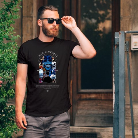 Koszulka czarna męska z nadrukiem Solo Leveling Ore dake Level Up na Ken