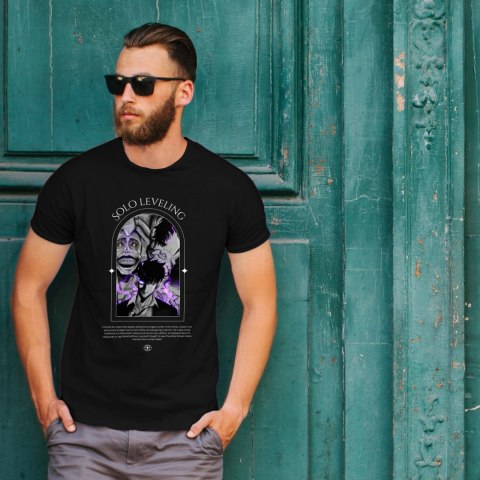 Koszulka czarna męska z nadrukiem Solo Leveling Ore dake Level Up na Ken
