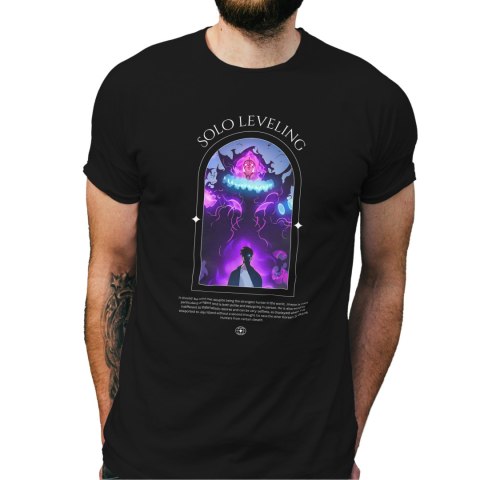 Koszulka czarna męska z nadrukiem Solo Leveling Ore dake Level Up na Ken