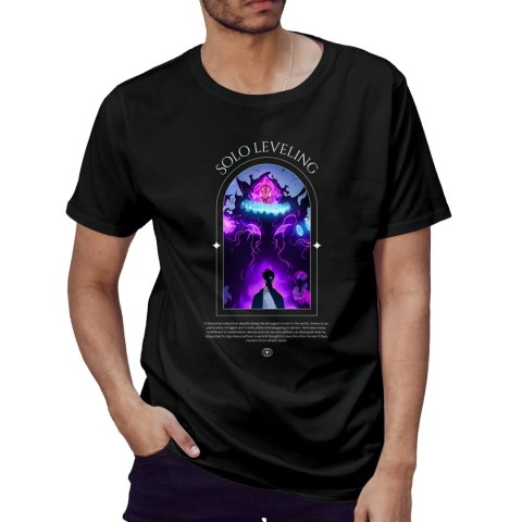 Koszulka czarna męska z nadrukiem Solo Leveling Ore dake Level Up na Ken