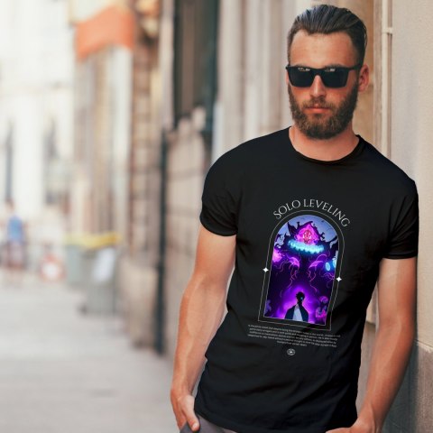 Koszulka czarna męska z nadrukiem Solo Leveling Ore dake Level Up na Ken