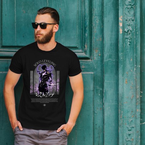 Koszulka czarna męska z nadrukiem Solo Leveling Ore dake Level Up na Ken