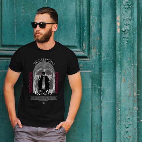 Koszulka czarna męska z nadrukiem Solo Leveling Ore dake Level Up na Ken