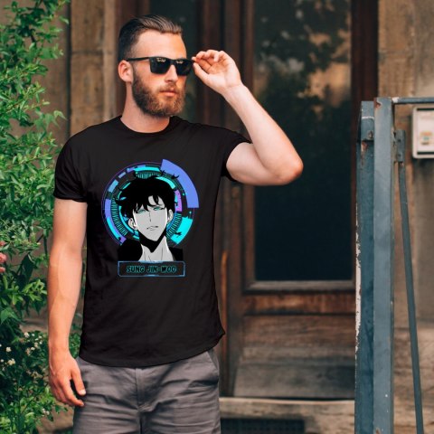 Koszulka czarna męska z nadrukiem Solo Leveling Ore dake Level Up na Ken