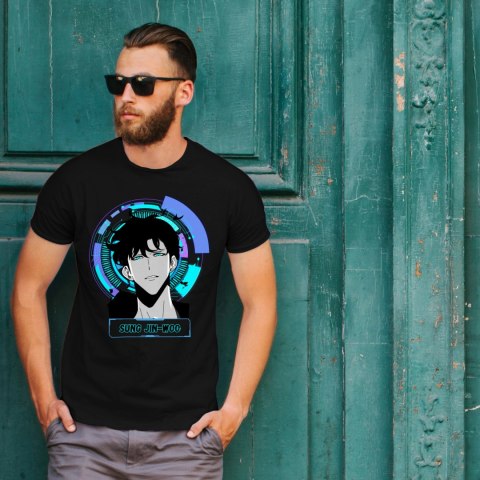 Koszulka czarna męska z nadrukiem Solo Leveling Ore dake Level Up na Ken