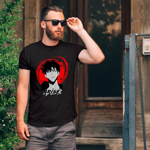 Koszulka czarna męska z nadrukiem Solo Leveling Ore dake Level Up na Ken
