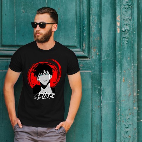 Koszulka czarna męska z nadrukiem Solo Leveling Ore dake Level Up na Ken