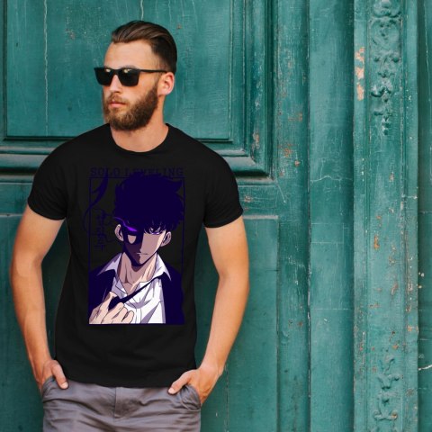 Koszulka czarna męska z nadrukiem Solo Leveling Ore dake Level Up na Ken